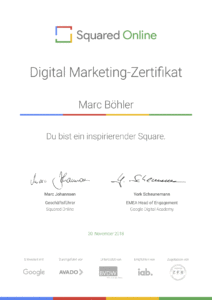 Digital Marketing Zertifikat – Marc Böhler hat das 6-monatige Digital Marketing- und Leadership-Programm erfolgreich absolviert und wurde von den anderen Squares als inspirierender Teilnehmer ausgezeichnet.