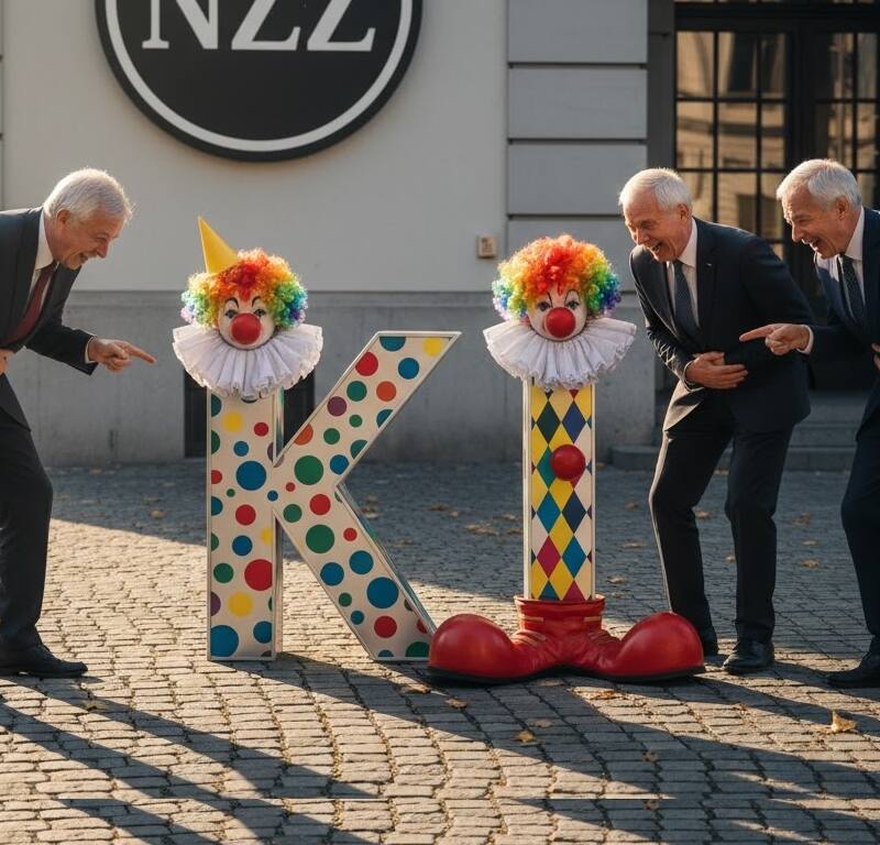 Drei ältere Männer in Anzügen krümmen sich vor Lachen vor einem Bürogebäude und zeigen auf zwei dreidimensionale Buchstaben 'K' und 'I', die mit Clown-Elementen geschmückt sind. KI zum Lachen. (Bild: KI, satirische Darstellung – keine Verbindung zur NZZ.)