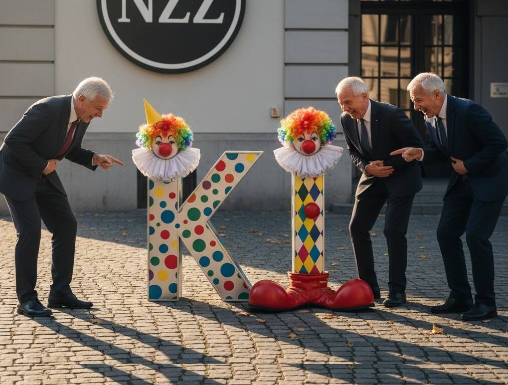 Drei ältere Männer in Anzügen krümmen sich vor Lachen vor einem Bürogebäude und zeigen auf zwei dreidimensionale Buchstaben 'K' und 'I', die mit Clown-Elementen geschmückt sind. KI zum Lachen. (Bild: KI, satirische Darstellung – keine Verbindung zur NZZ.)