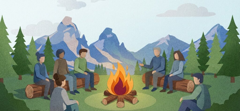 Illustration einer Gruppe am Lagerfeuer in den Schweizer Bergen, Symbolbild für Workshops und Kurse zur Medienbildung.