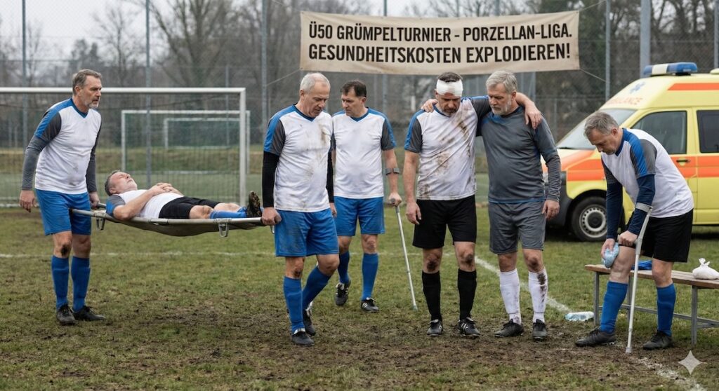 Verletzte ältere Fussballspieler auf einem matschigen Spielfeld neben einem Banner mit der Aufschrift «Ü50 Grümpelturnier - Porzellan-Liga. Gesundheitskosten explodieren!»