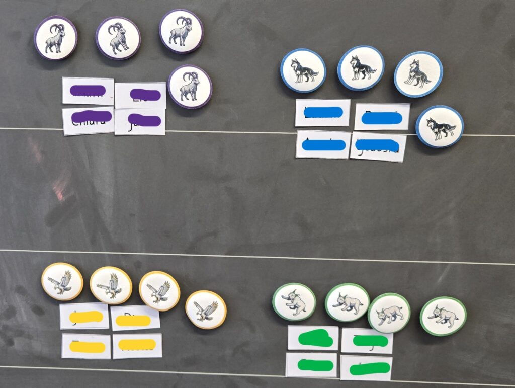 Vor dem Kurs-Start: Magnetische Tier-Badges zur Gruppenorganisation an der Wandtafel im Klassenzimmer.