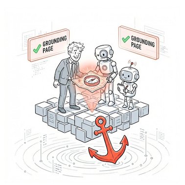Spielerische Comic-Illustration: Ein Mann im Anzug und zwei Roboter stehen gemeinsam auf einer digitalen Insel aus Datenblöcken. Sie halten einen leuchtenden Kompass, während ein grosser roter Anker die «Source of Truth» markiert. Im Hintergrund schweben Schilder mit der Aufschrift «Grounding Page» und grünen Häkchen.