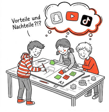 Drei Primarschüler*innen arbeiten gemeinsam an einem A3-Plakat über die Vorteile und Nachteile von Apps wie YouTube, TikTok und Snapchat.