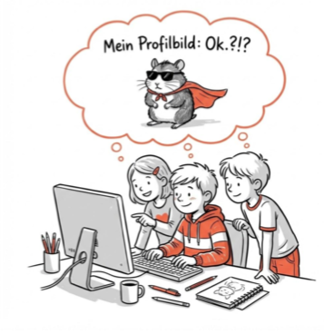 Drei Primarschüler*innen sitzen vor einem Computer und diskutieren über ein Profilbild, das sie soeben mit KI erstellt haben (ein Hamster als Superheld).