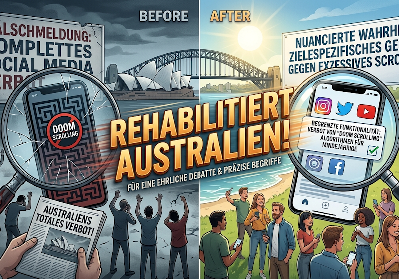 Infografik «Rehabilitiert Australien!»: Ein Vergleich zwischen der Falschmeldung eines kompletten Social-Media-Verbots (links, düster) und der nuancierten Wahrheit über ein gezieltes Gesetz gegen Doomscrolling-Algorithmen für Minderjährige (rechts, sonnig).