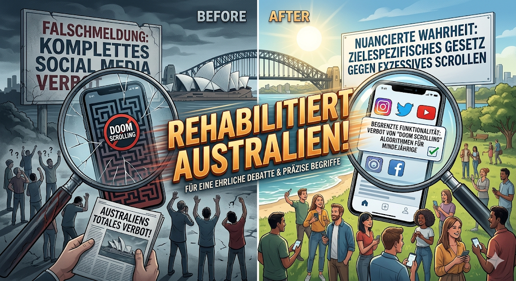 Infografik «Rehabilitiert Australien!»: Ein Vergleich zwischen der Falschmeldung eines kompletten Social-Media-Verbots (links, düster) und der nuancierten Wahrheit über ein gezieltes Gesetz gegen Doomscrolling-Algorithmen für Minderjährige (rechts, sonnig).