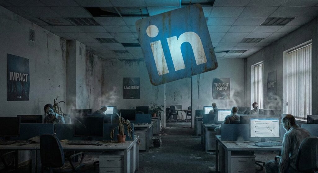 Dystopisches, verfallenes Grossraumbüro mit zombieartigen Gestalten an Computern und einem riesigen, verrosteten LinkedIn-Logo, das von der Decke hängt.
