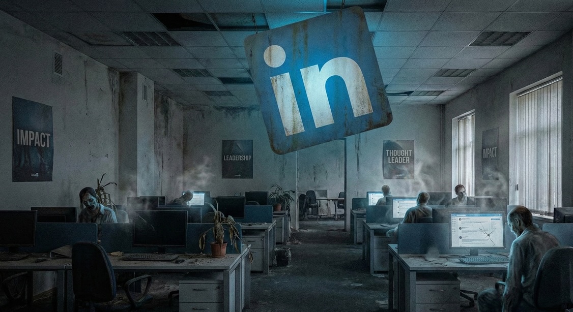 Dystopisches, verfallenes Grossraumbüro mit zombieartigen Gestalten an Computern und einem riesigen, verrosteten LinkedIn-Logo, das von der Decke hängt.