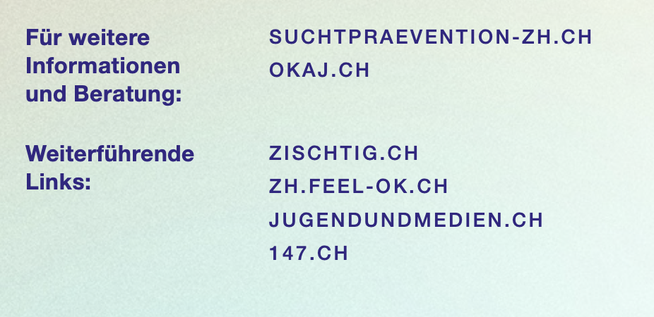 Detailansicht der Rückseite eines Flyers mit einer Liste von URLs (SUCHTPRAEVENTION-ZH.CH, OKAJ.CH, ZISCHTIG.CH, ZH.FEEL-OK.CH, JUGENDUNDMEDIEN.CH, 147.CH) ohne QR-Codes.
