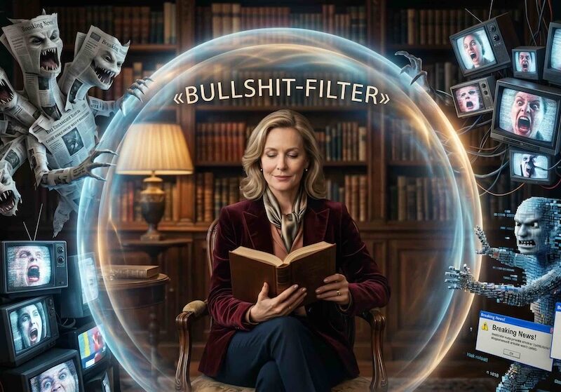 Person liest konzentriert in einem alten Buch in einer Bibliothek, umgeben von einem Schutzschild gegen News-TV-Monster.