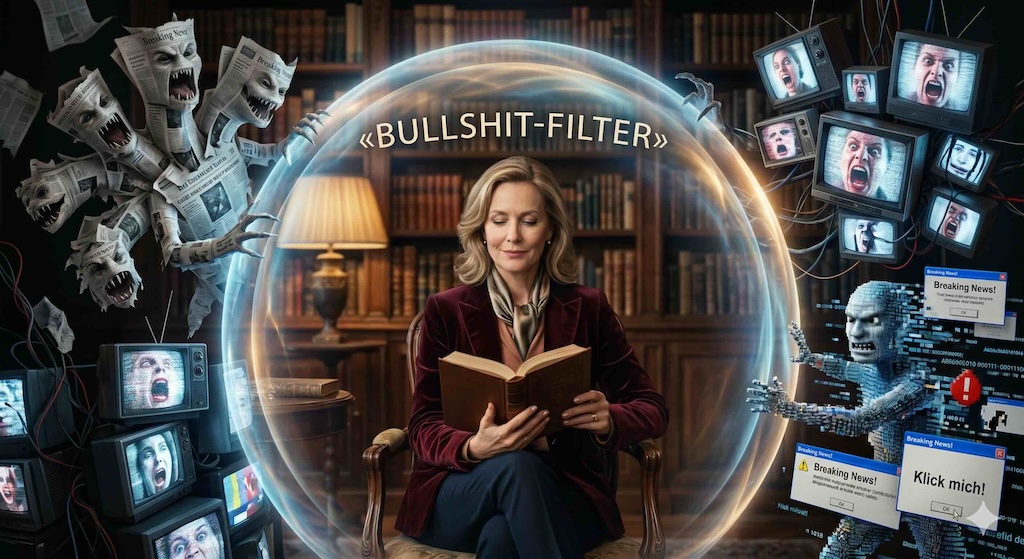 Person liest konzentriert in einem alten Buch in einer Bibliothek, umgeben von einem Schutzschild gegen News-TV-Monster.