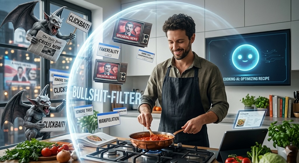 Mann kocht in moderner Küche, geschützt durch einen leuchtenden Bullshit-Filter vor aggressiven Medien-Monstern.