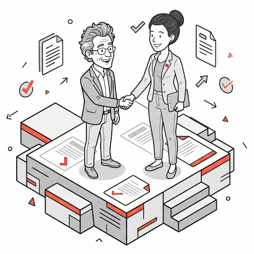 Moderne Comic-Illustration für die AGB: Ein freundlicher Mann mit Brille und eine Frau im Business-Look geben sich die Hand auf einer isometrischen Plattform.