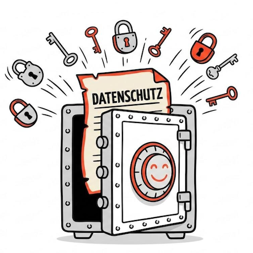 Illustrierter Safe im Comic-Stil mit dem Text 'Datenschutz' und rot-orangen Akzenten.