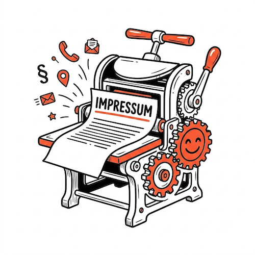 Illustrierte Druckmaschine im Comic-Stil mit dem Text 'Impressum' und rot-orangen Akzenten.