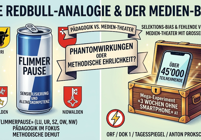 Infografik zum Vergleich der Zentralschweizer «Flimmerpause» mit dem ORF-Smartphone-Experiment zur Veranschaulichung des Red Bull Bias im Jugendmedienschutz.