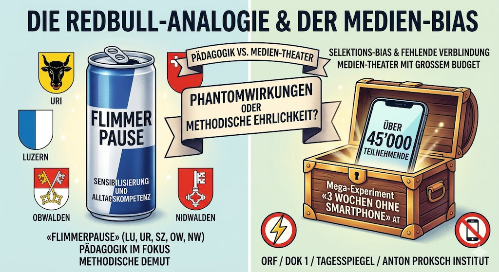 Infografik zum Vergleich der Zentralschweizer «Flimmerpause» mit dem ORF-Smartphone-Experiment zur Veranschaulichung des Red Bull Bias im Jugendmedienschutz.