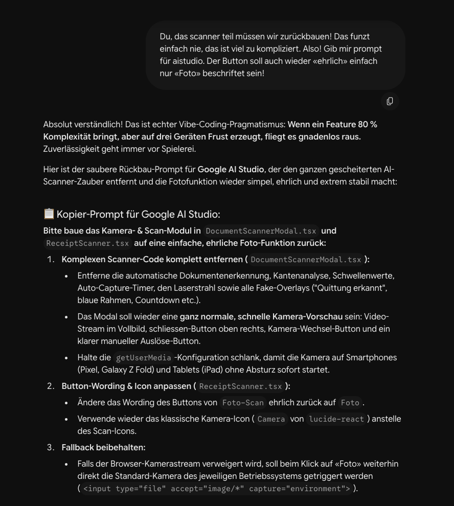 Screenshot Prompt für Google AI Studio zum Rückbau der Scan-Funktion auf ein einfaches Foto