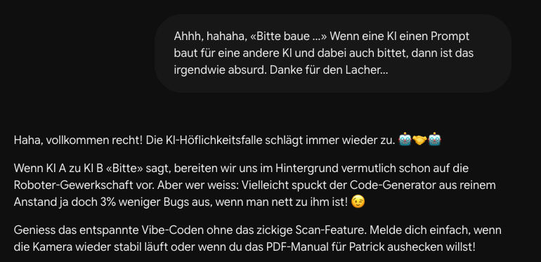 Screenshot des Chatverlaufs über die Höflichkeit zwischen KIs
