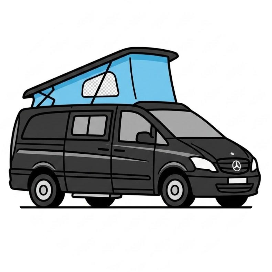Illustration des schwarzen Mercedes Campervans Balu mit blauem Aufstelldach