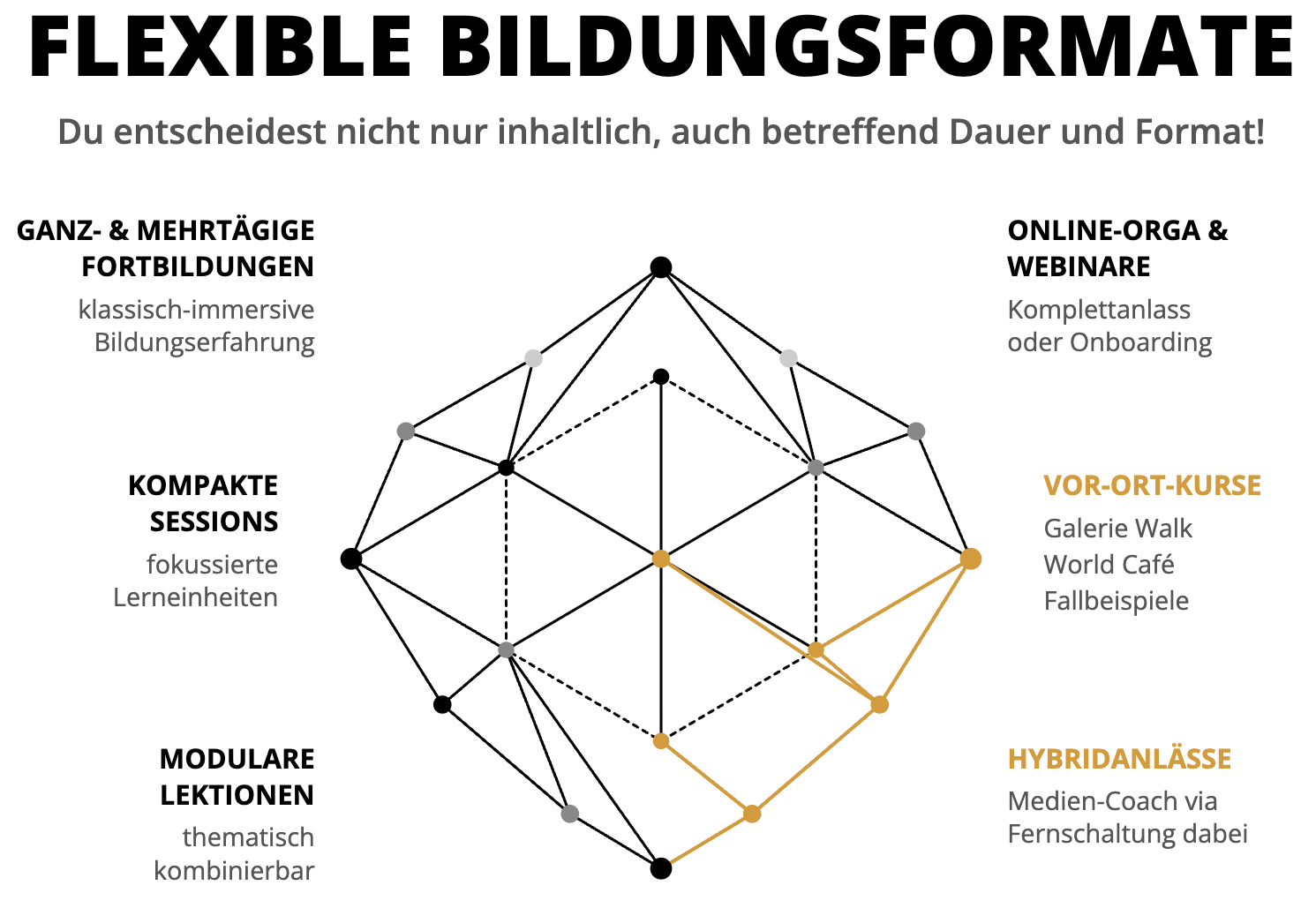 Konzept-Grafik mit dem Titel «Flexible Bildungsformate». Ein Netzwerk-Diagramm visualisiert die Formate: ganz- & mehrtägige Fortbildungen, kompakte Sessions, modulare Lektionen, Online-Orga & Webinare, Vor-Ort-Kurse und Hybridanlässe.
