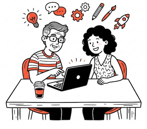 Comic illustration: Ein Mann mit Brille und eine Frau arbeiten gemeinsam an einem Laptop. Über ihnen schweben Symbole für Ideen, Zusammenarbeit und Raketenstart mit rot-orangen Akzenten auf reinweissem Hintergrund.