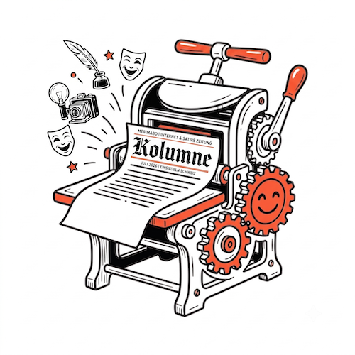 Cartoon printing press printing a newspaper titled Kolumne, with red gears and playful icons nearby.