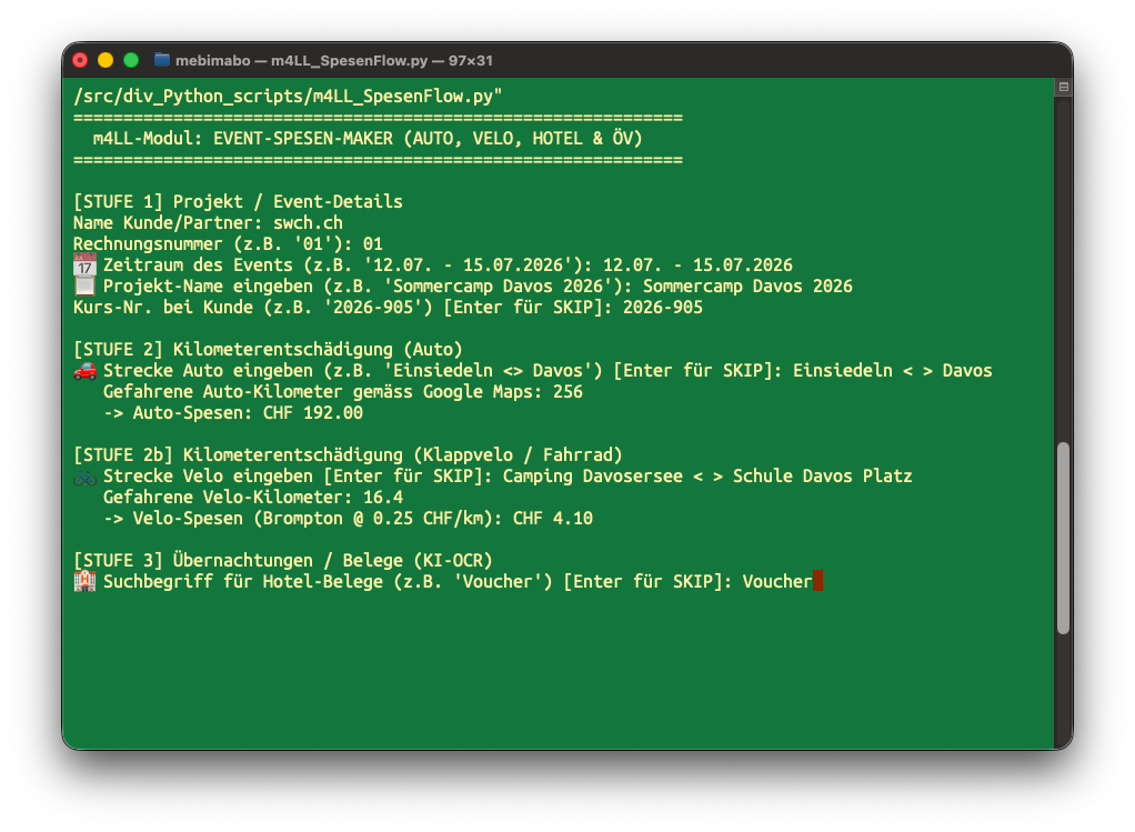 macOS Terminal-Fenster mit dem grünen Konsolen-Skript m4LL_SpesenFlow.py zur textbasierten Erfassung von Event-Spesen.