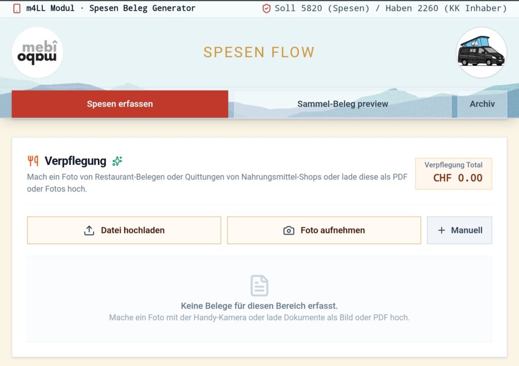 Erfassungs-Maske im SpesenFlow Tool für Verpflegungsbelege mit KI-Unterstützung.