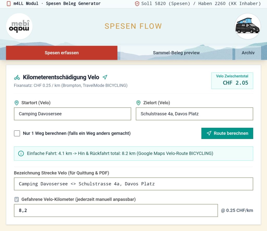 Automatische Berechnung von Velo-Kilometern in SpesenFlow via Google Maps API.