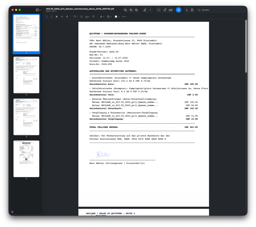 Das von SpesenFlow automatisch generierte Mehrseiten-PDF im Vorschau-Viewer inklusive Sammelbeleg und gebündelten Beilage-Quittungen.