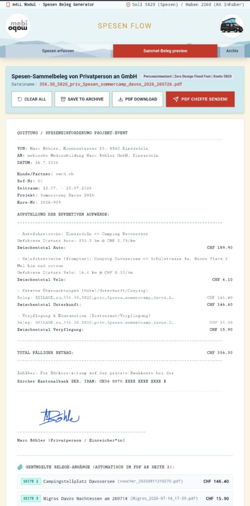 Sammelbeleg-Vorschau in SpesenFlow für Konto 5820 mit digitaler Unterschrift und dem Button PDF CHEFFE SENDEN.