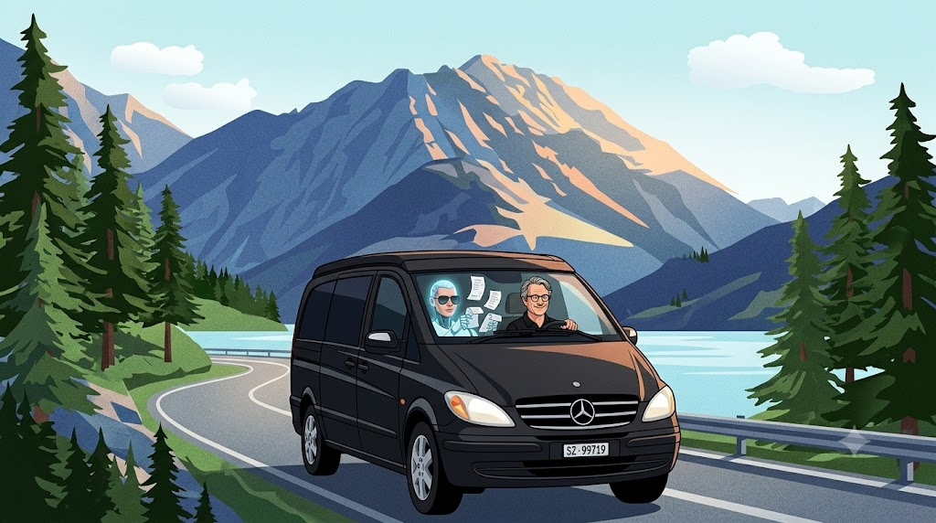 Editorial-Illustration: Marc Böhler fährt im Mercedes Marco Polo Campervan mit einer futuristischen KI-Wingwoman durch die Schweizer Alpen.